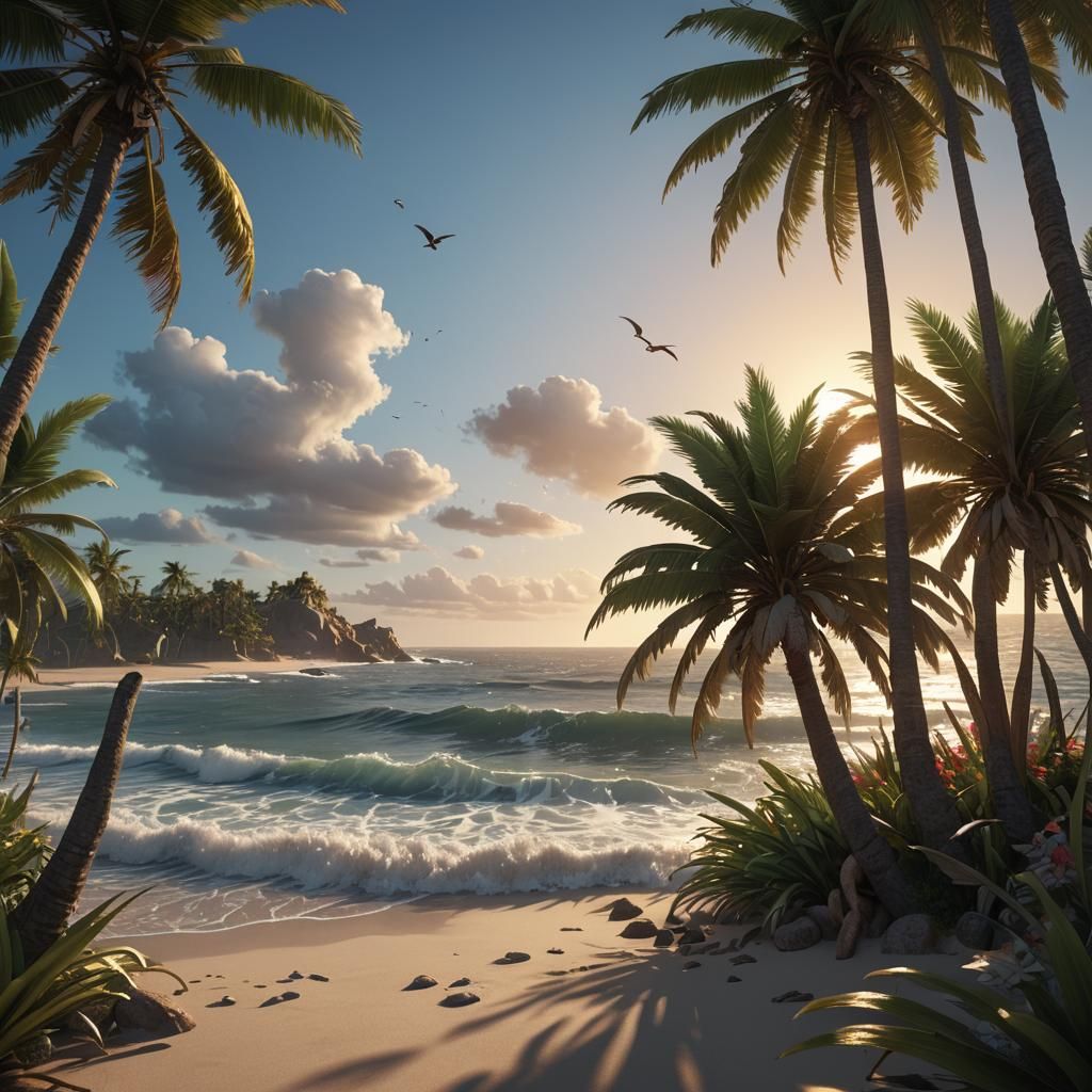 Palm Tree at Sunrise: 3D Rendered Ocean Scene