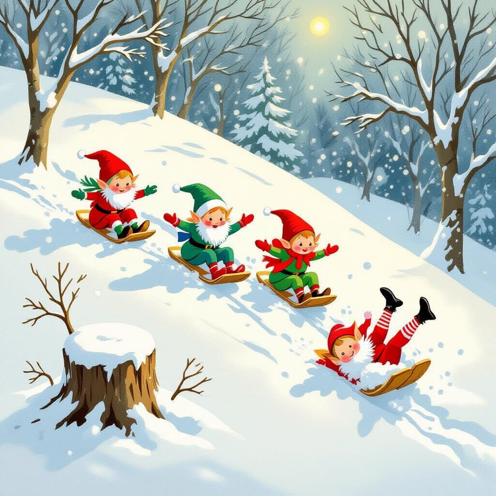 Elves Tobogganing Mishap in Storybook Style