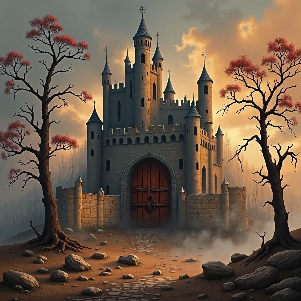 Ruined Castle in Desolate Forest: A Surreal Vision