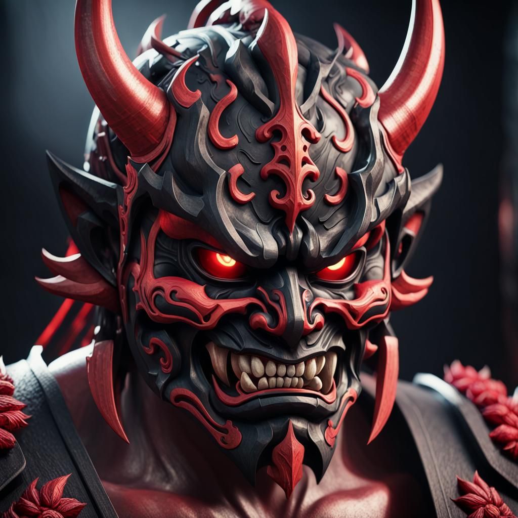 Intricately Detailed Red and Black Oni Mask