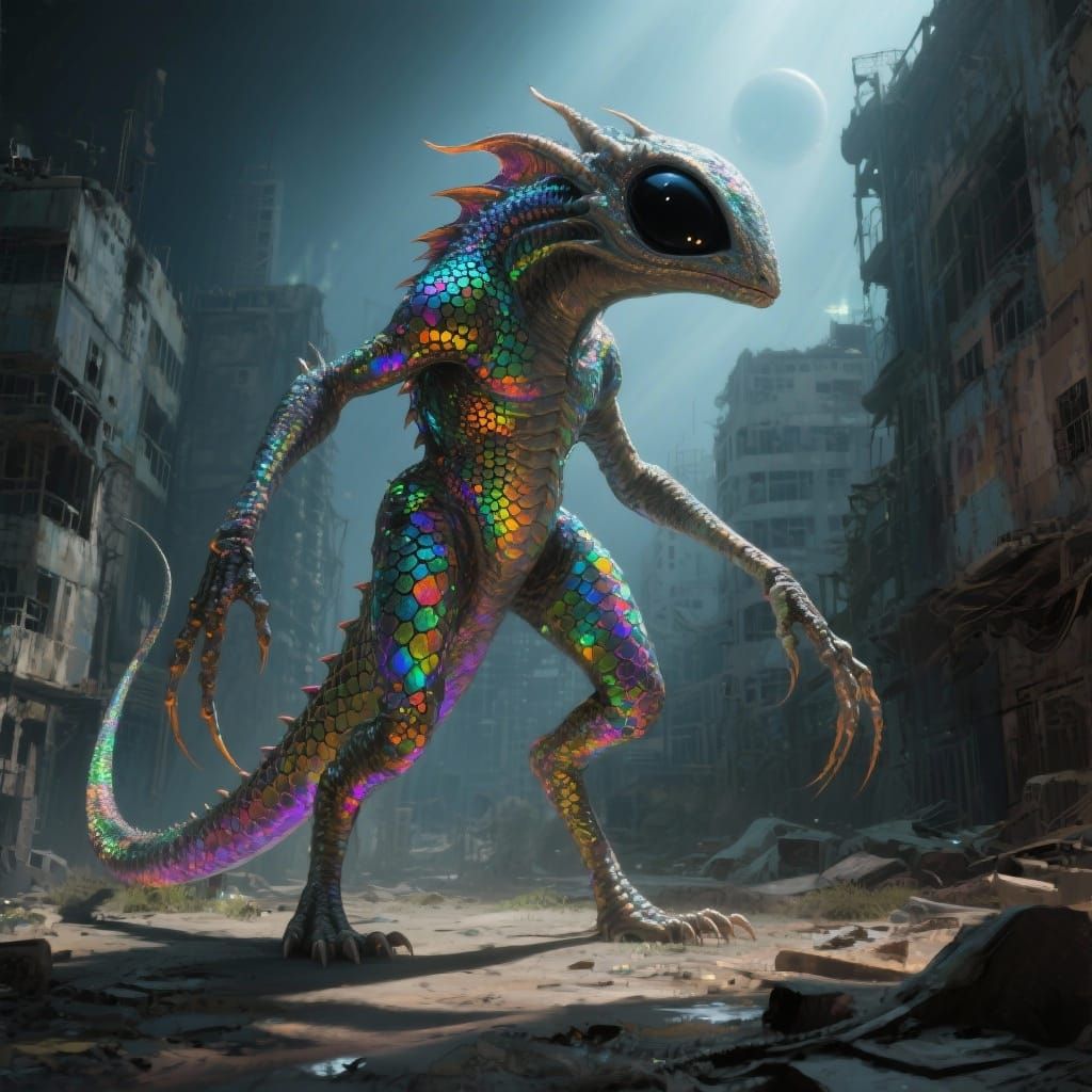 Alien Creature in Abandoned City, Surreal Digital Matte Pain...