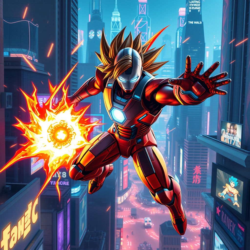 Goku in Iron Man Armor, Cyberpunk Cityscape
