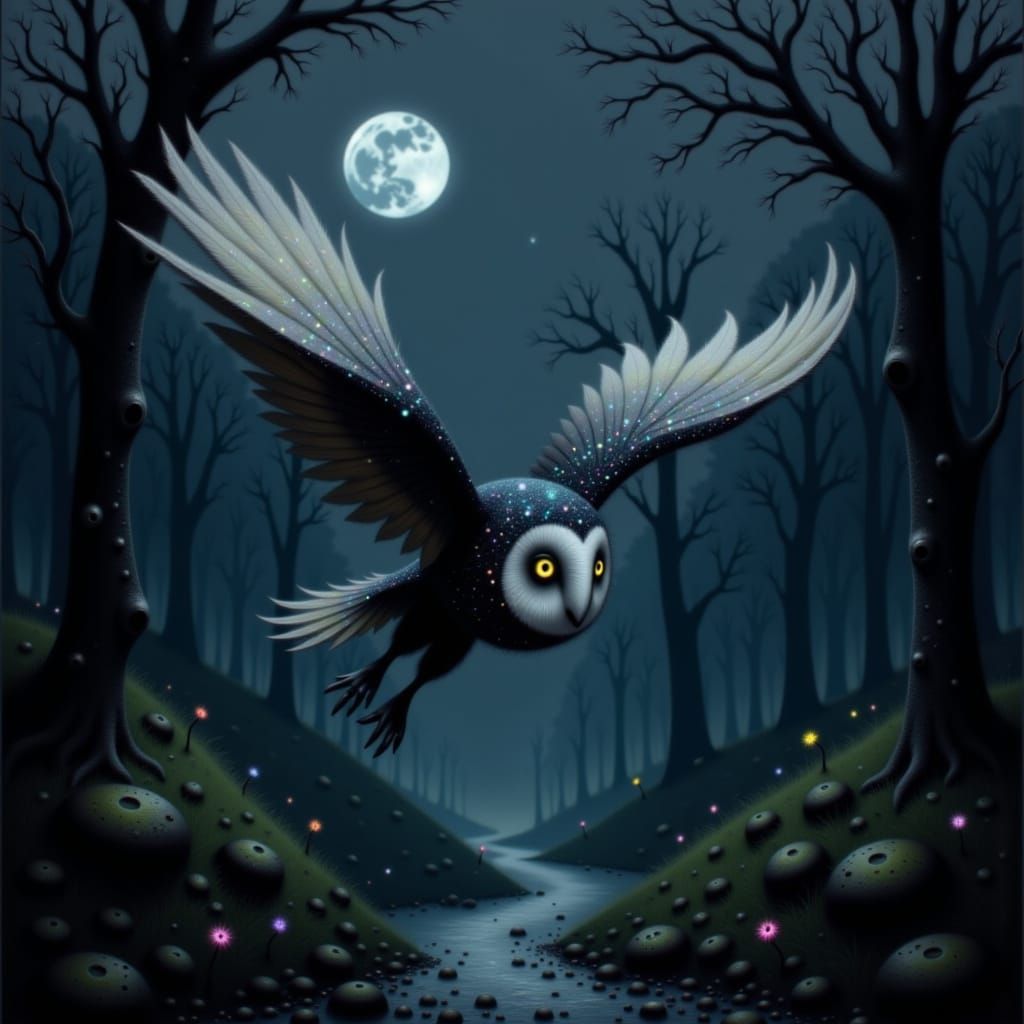 Night Owl Swooping in Moonlit Forest