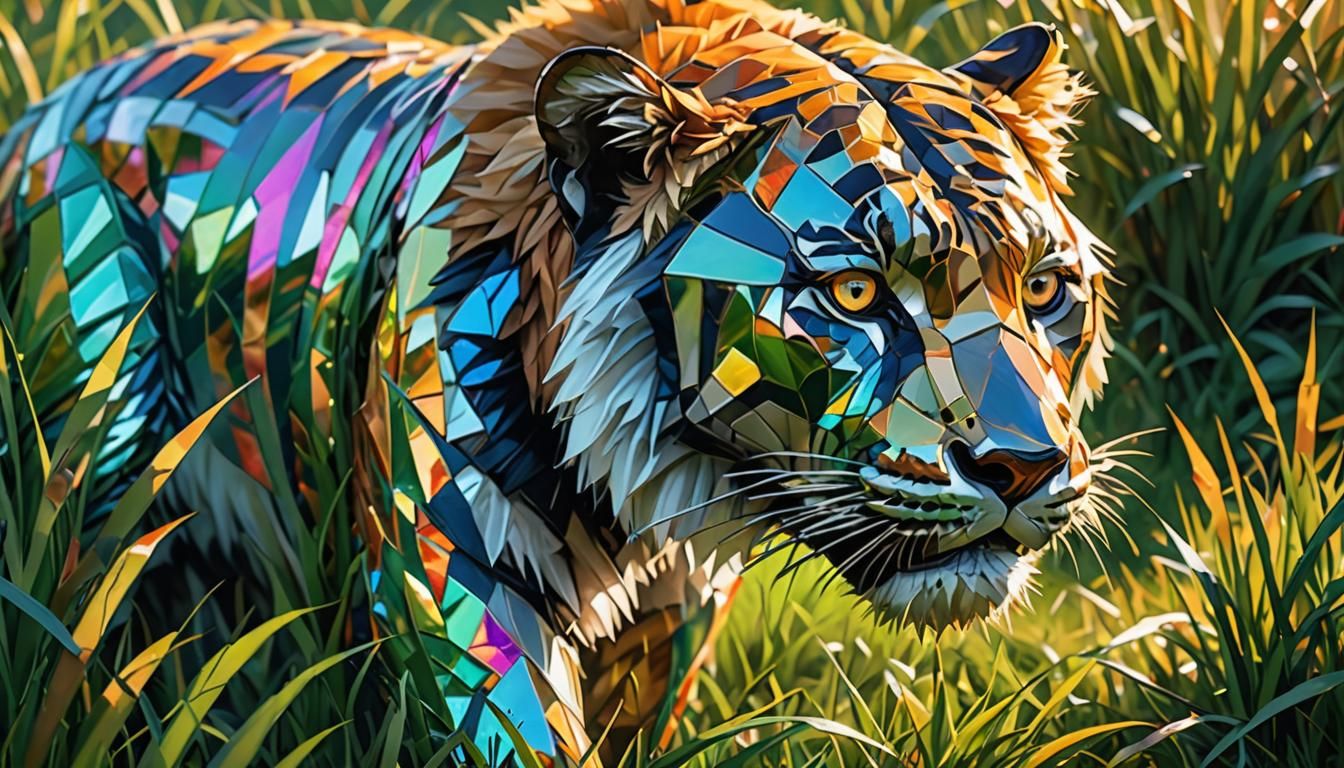 Glass Tiger Stalking Through Grass in Oil Painting Style