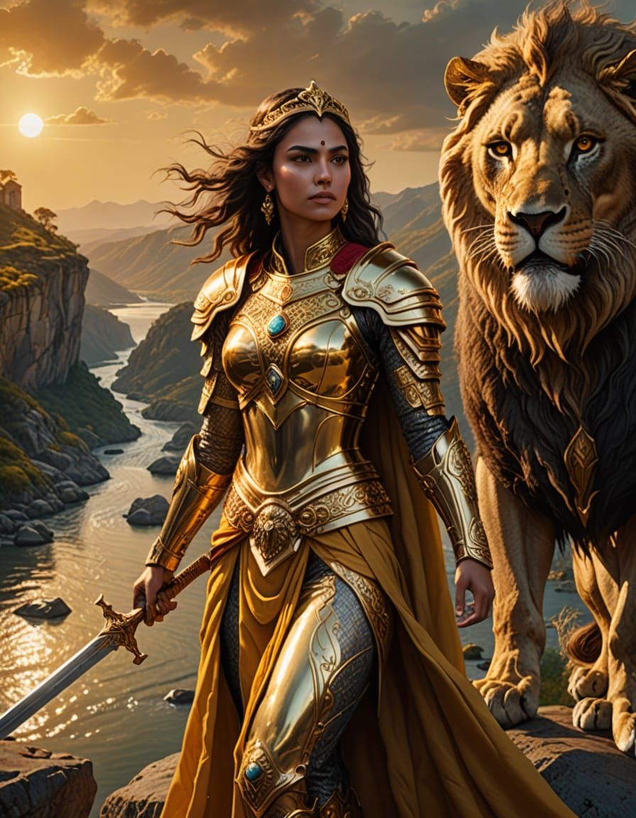 Anahita: Persian Goddess with Lion, 3D Render