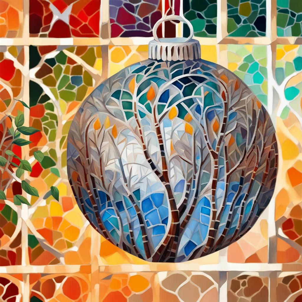 Winter Trees with Mosaic Baubles in Gouache Style