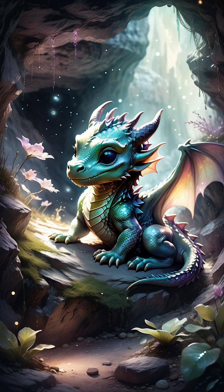 Cute Baby Dragon Sleeping in Cave with Magic