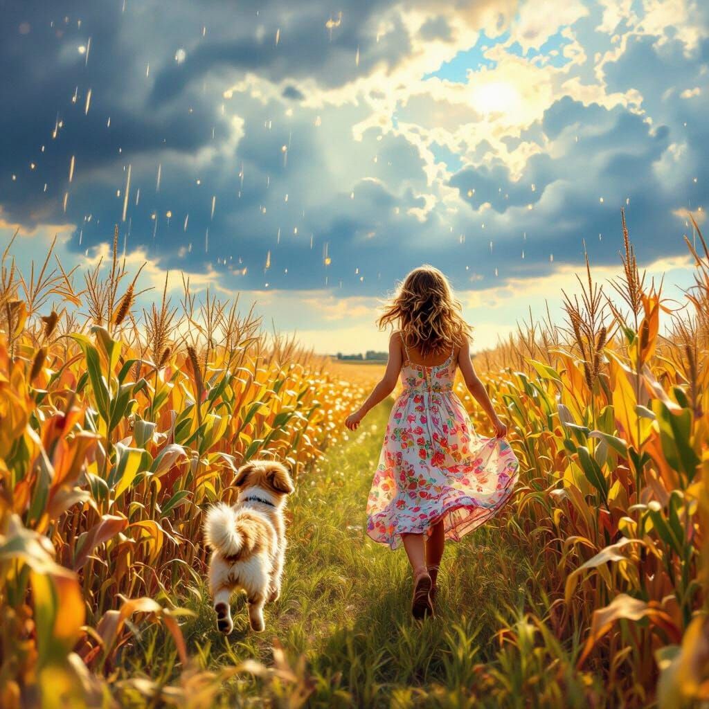 Girl and Puppy Run Through Astral Cornfield