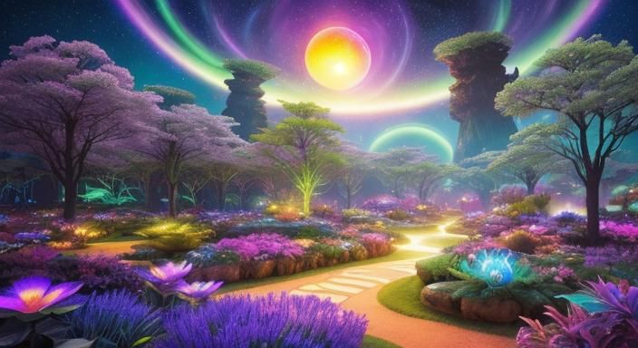 Sci-Fi Alien Zen Garden Under Cosmic Sky