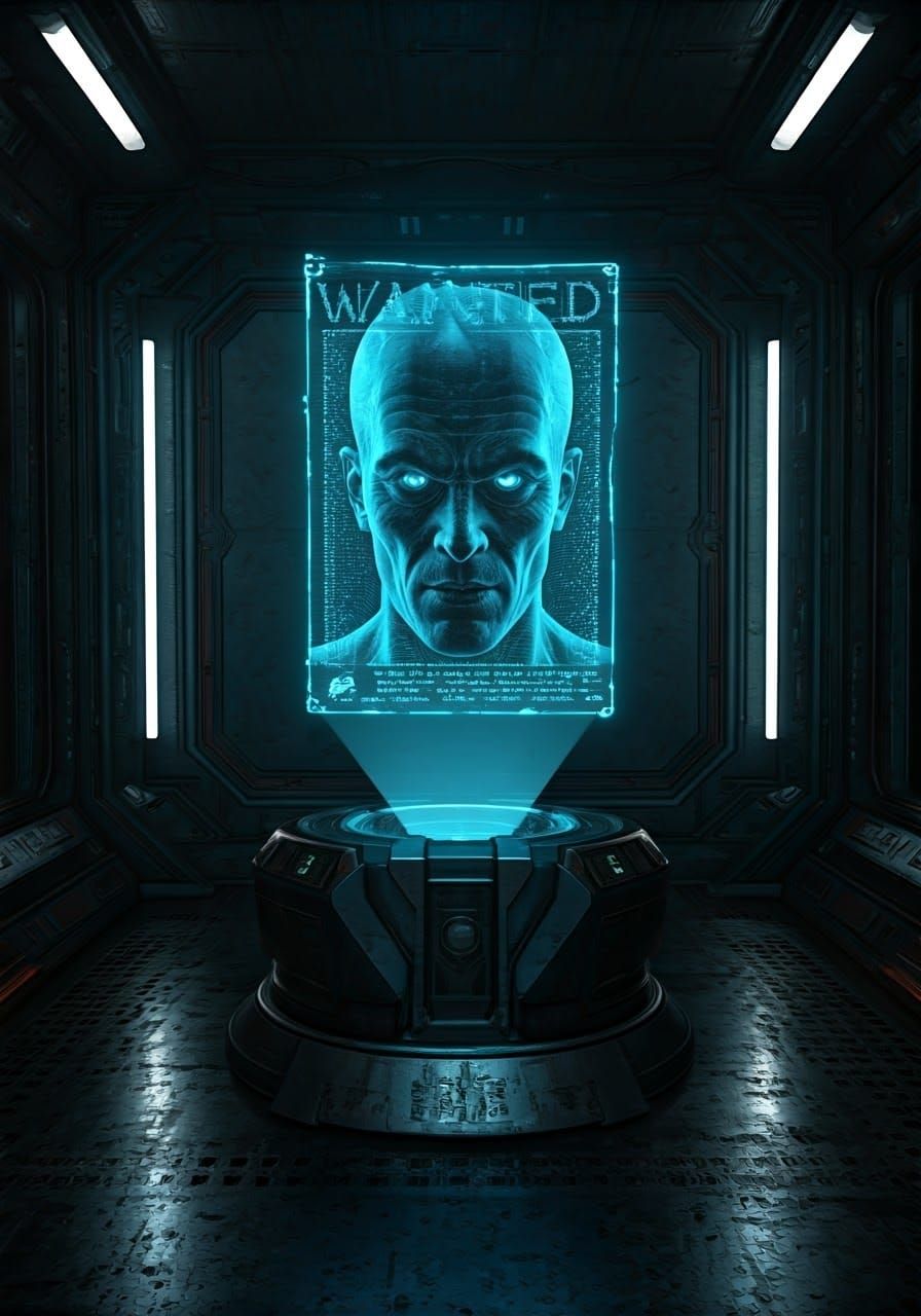 3D holographic wanted poster image of an evil Alien criminal...