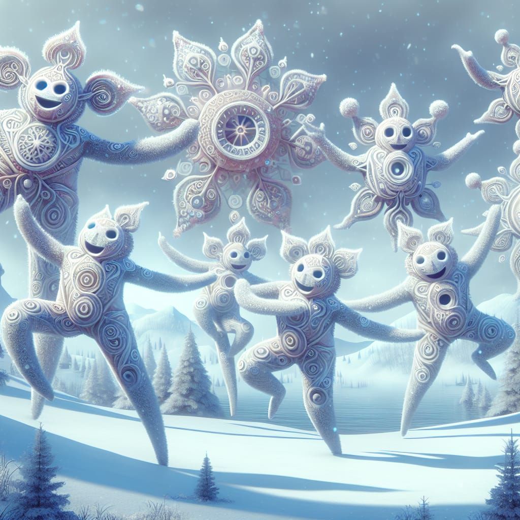 Whimsical Snowflake Dancers in Frosty Winter Scene