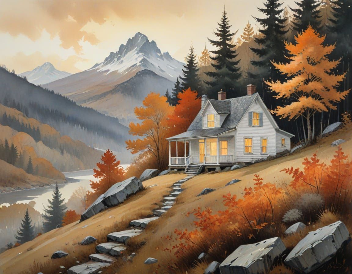 Autumn Cabin Painting in Romantic Style