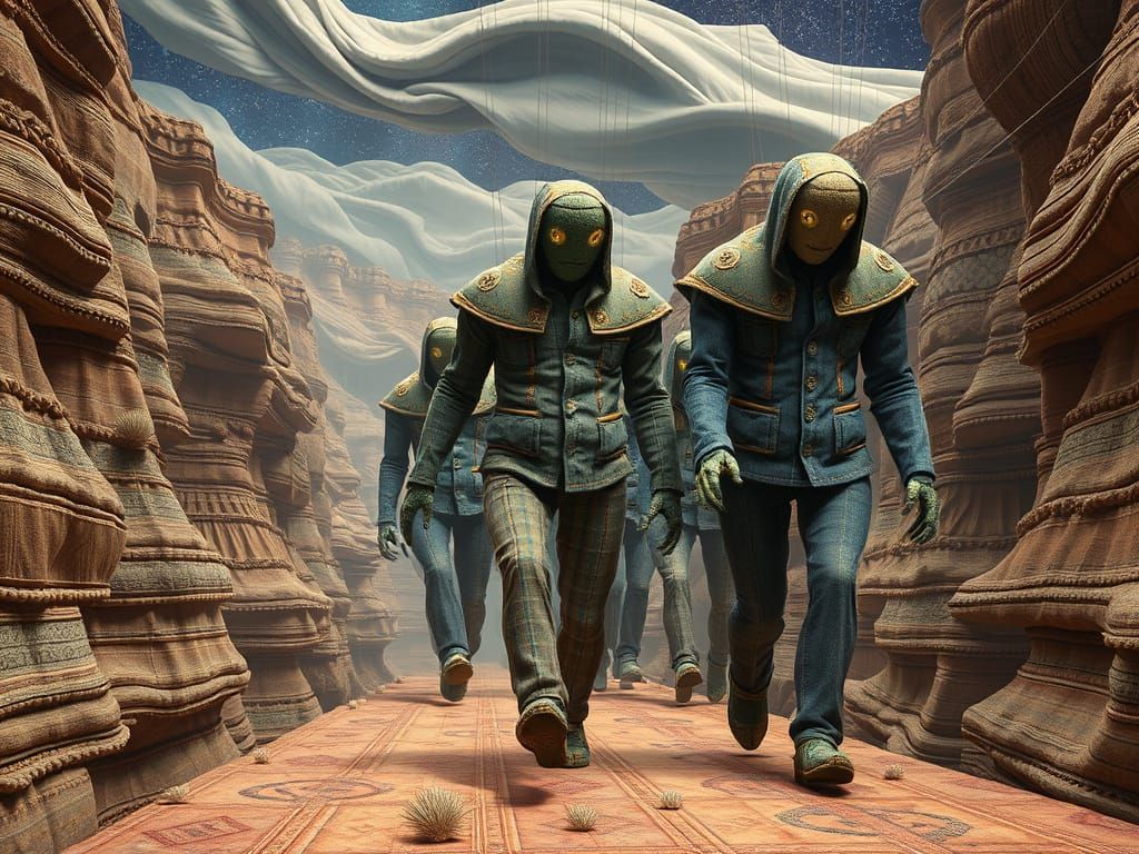 Surreal Fabric Beings Wander through a Canyon of Woven Lands...