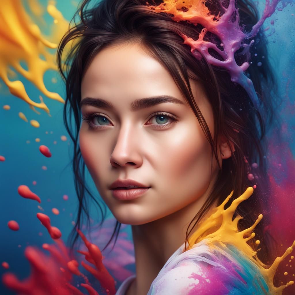 Beautiful Eurasian Woman Portrait in Splash Art Style
