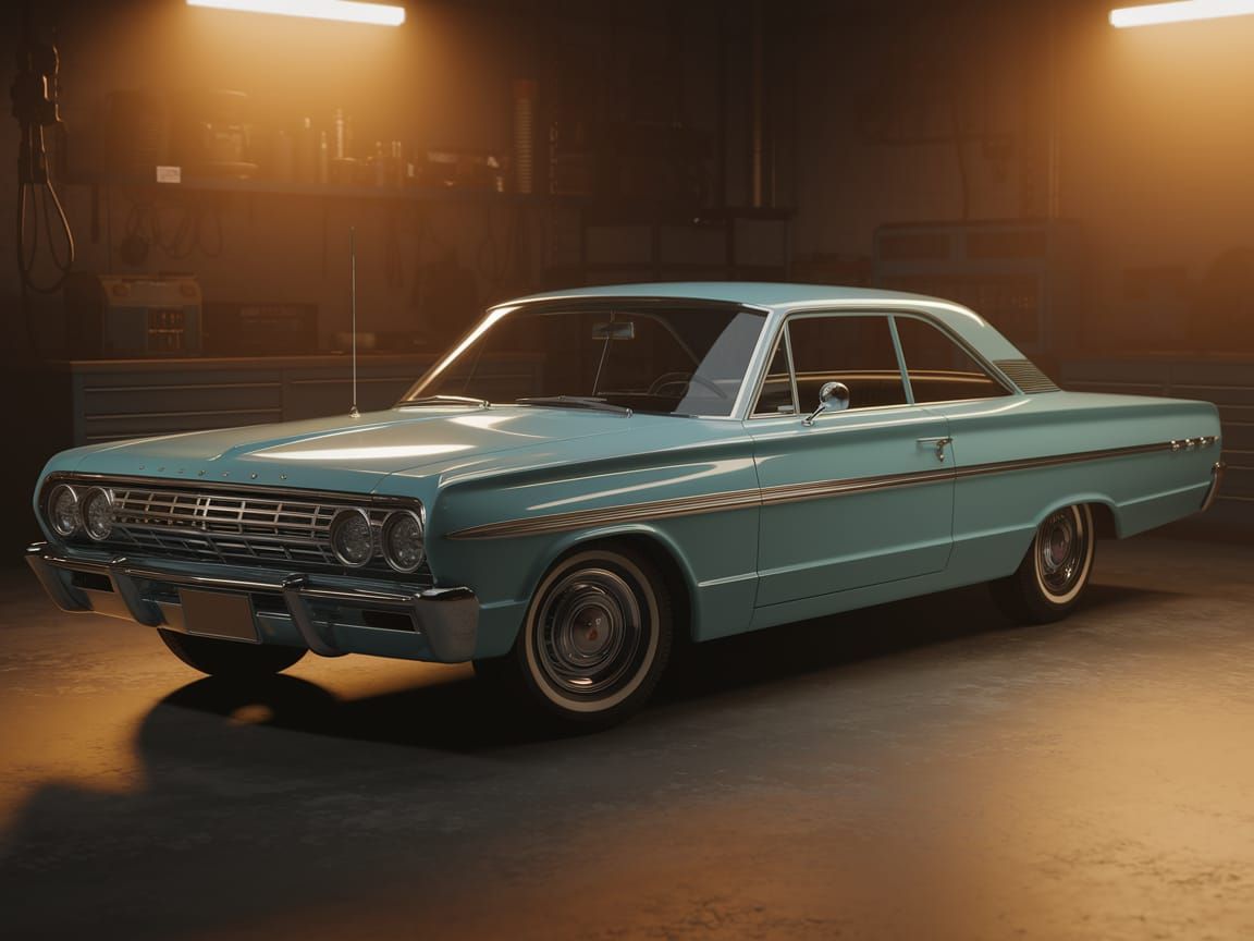 Classic 1964 Family Sedan in Pale Blue, 3D Rendered in a Vin...