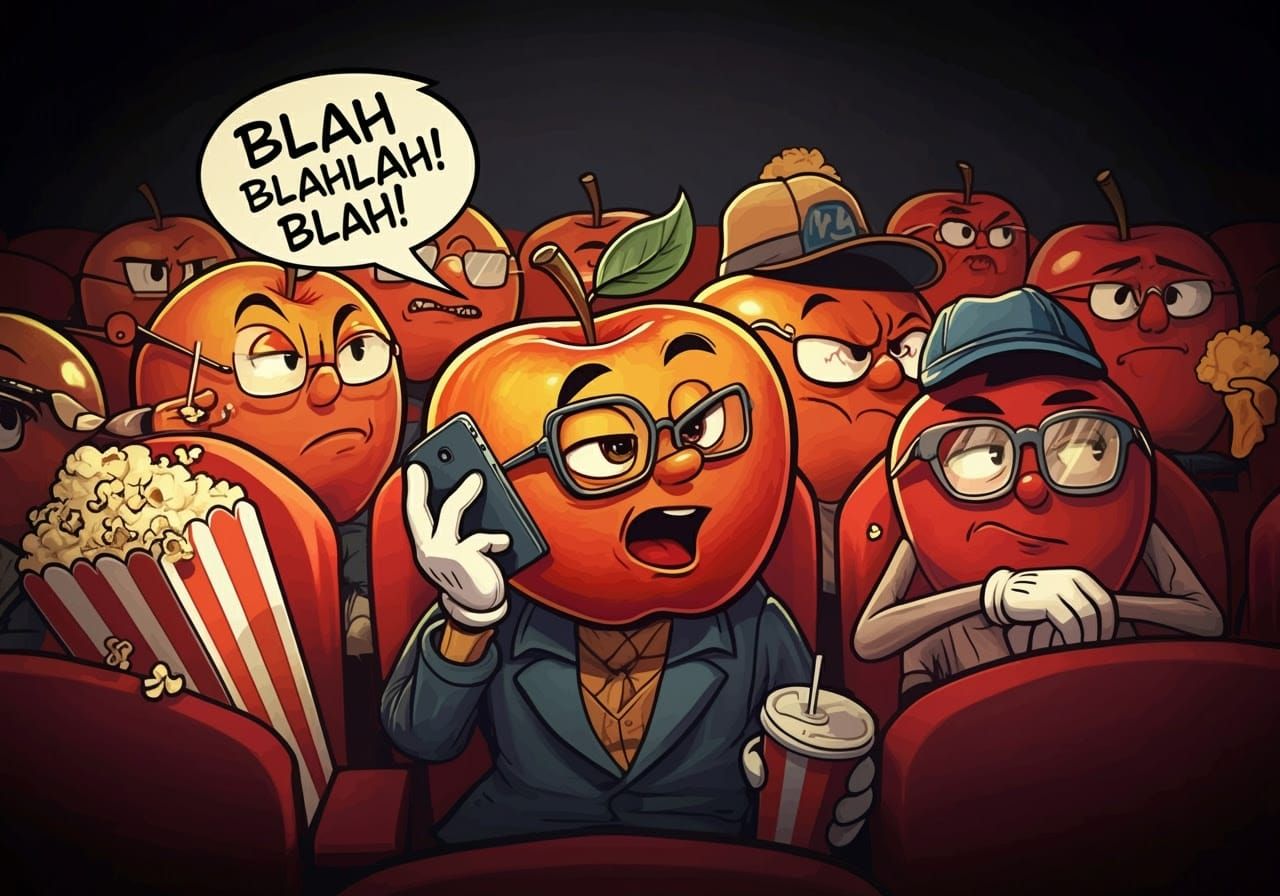 Anthropomorphic Apples Argue in a Colorful Movie Theater Sce...