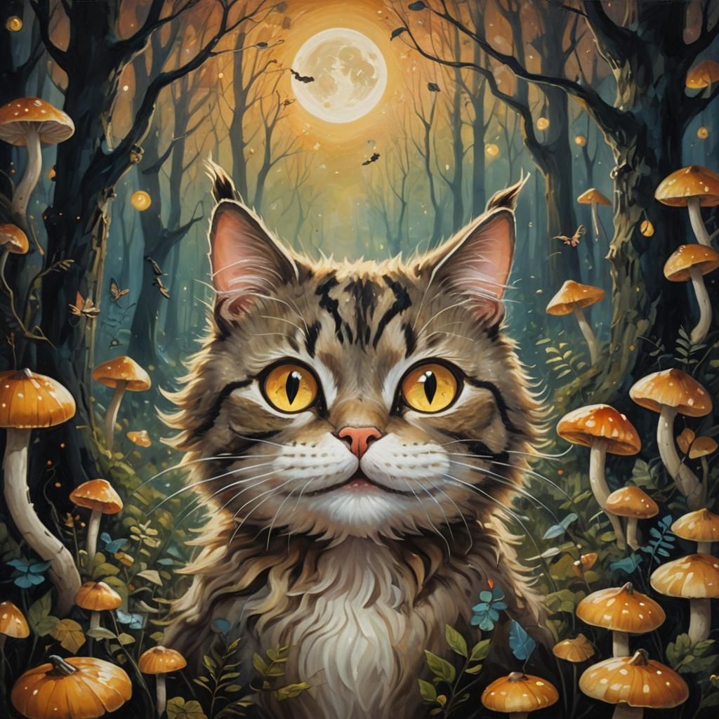 Plush Cat Smiles in Dreamlike Surrealist Forest