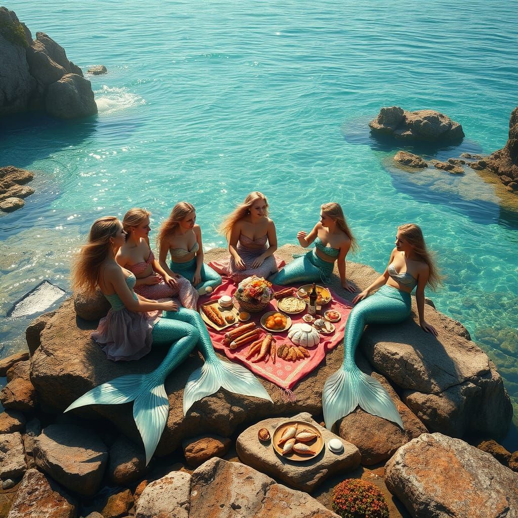 Mermaids in a Serene Oceanic Picnic Scene
