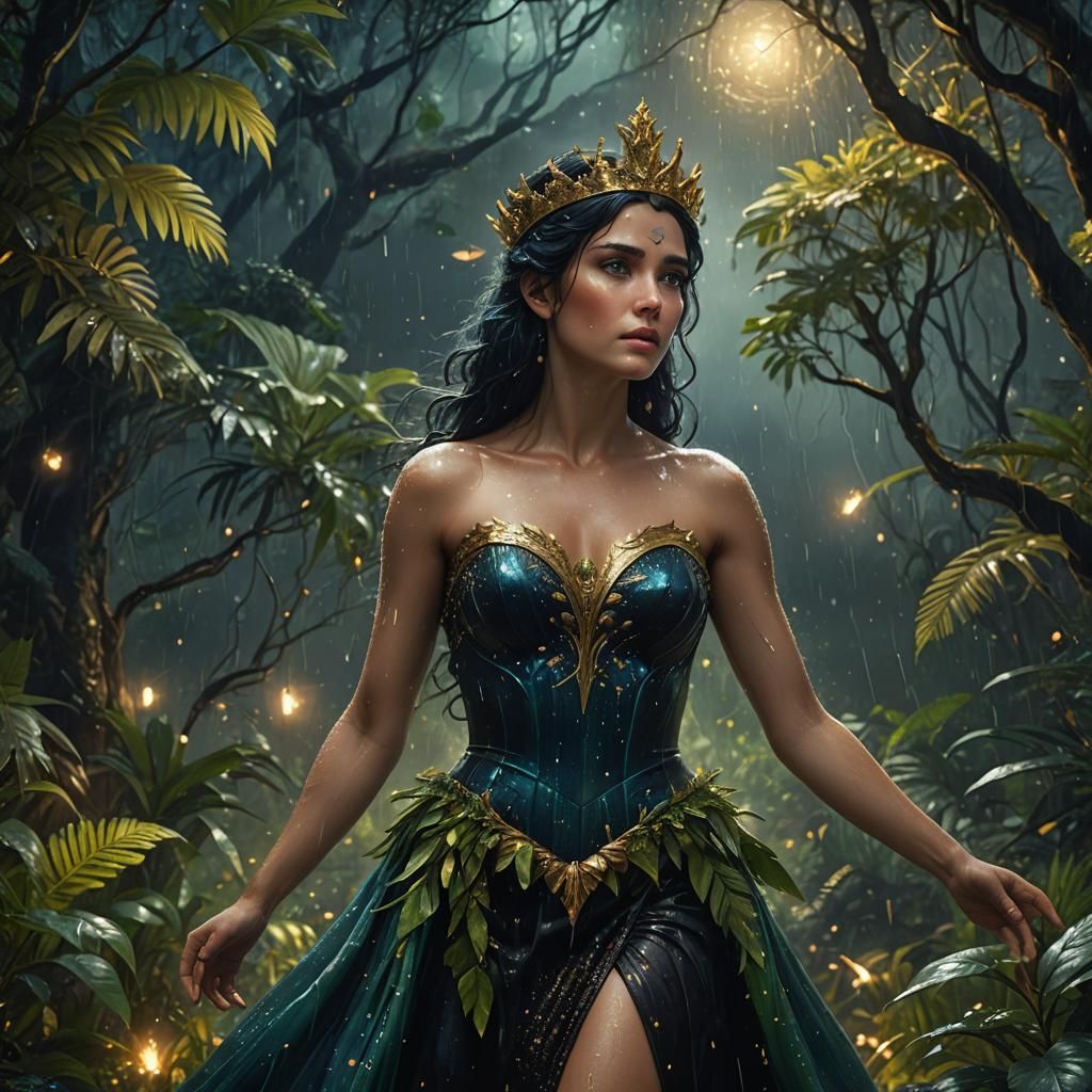 Aphrodite in Starry Rainforest: Fantasy Concept Art