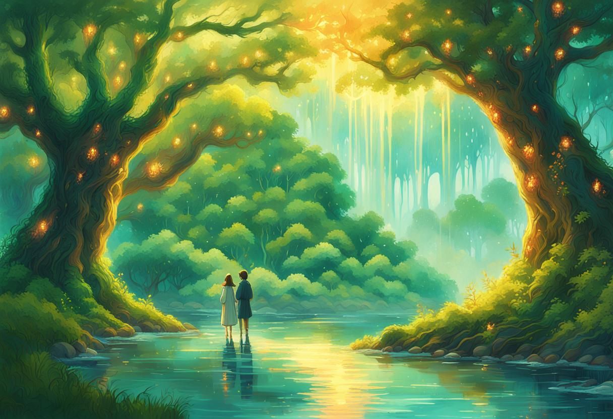 Fantastical Riverbank Scene in Digital Painting Style