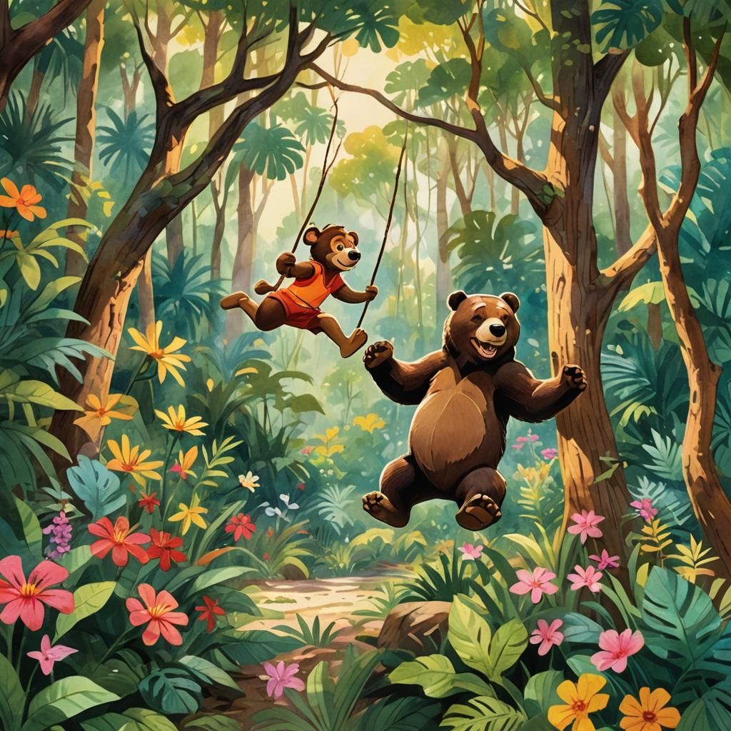Mowgli and Baloo in Lush Jungle Watercolor