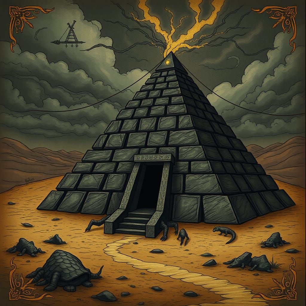 Eerie Medieval Pyramid and Monster Manuscript Illustration