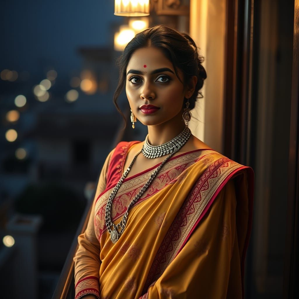 Bengali Woman on Balcony: Elegant Portrait