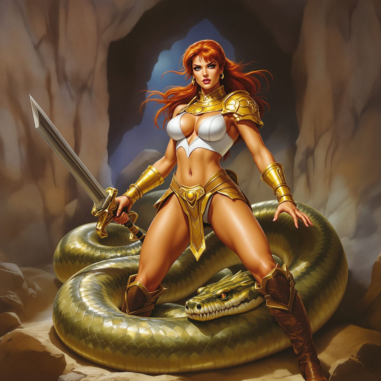 Teela Battles Giant Python in Fantasy Cave Art