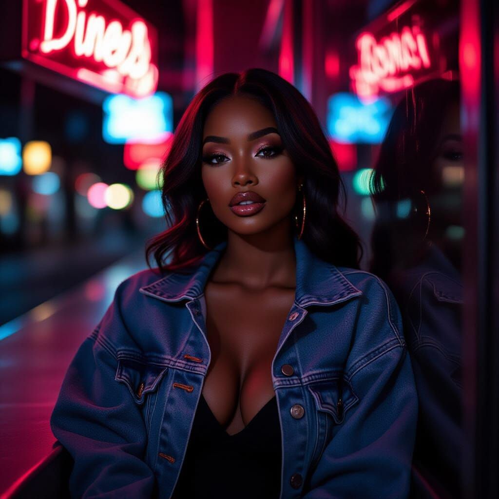 Beautiful Black Woman in Neon Diner, R&B Style