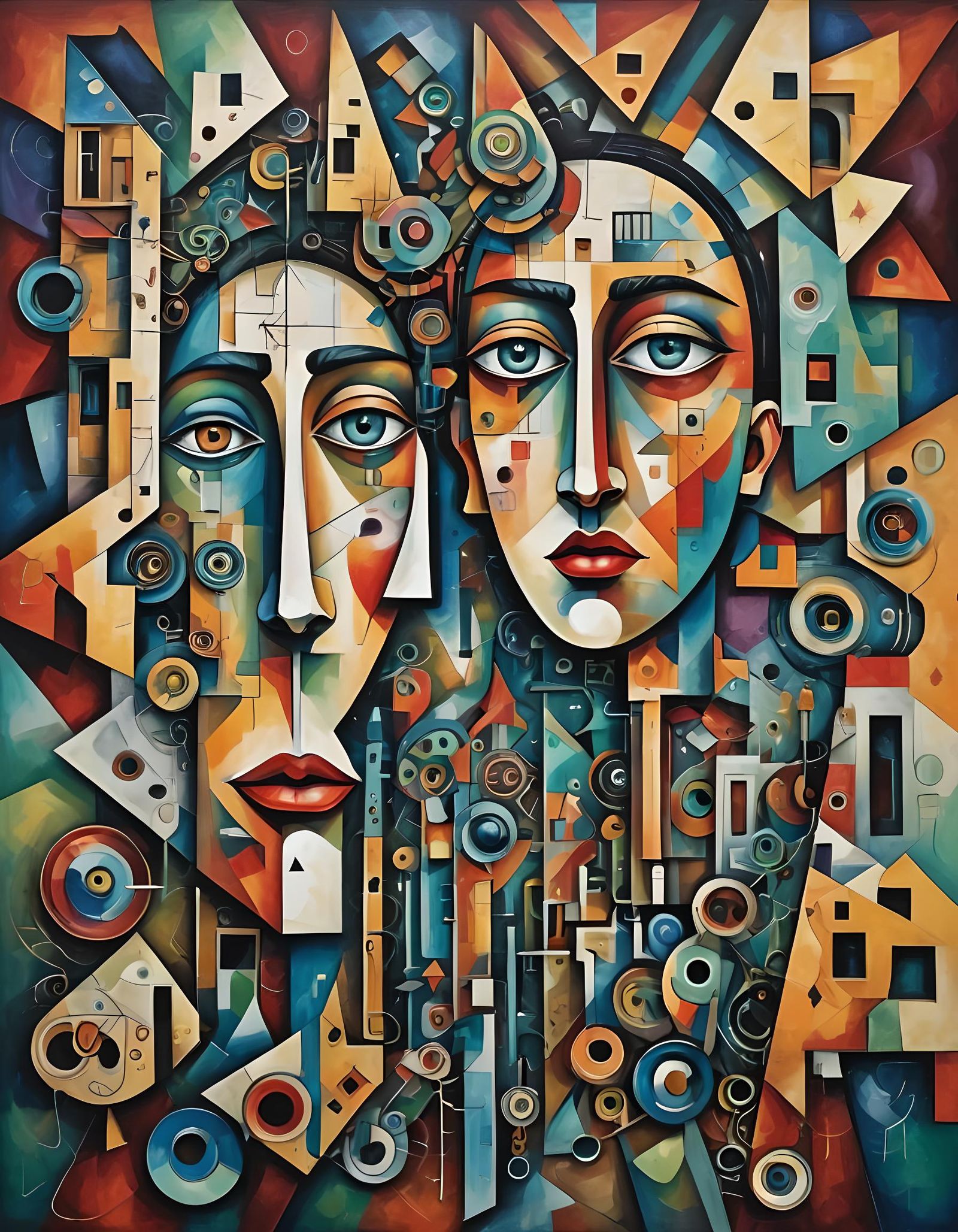 Cubist Surrealism: Keyhole Eyes in Geometric Landscape