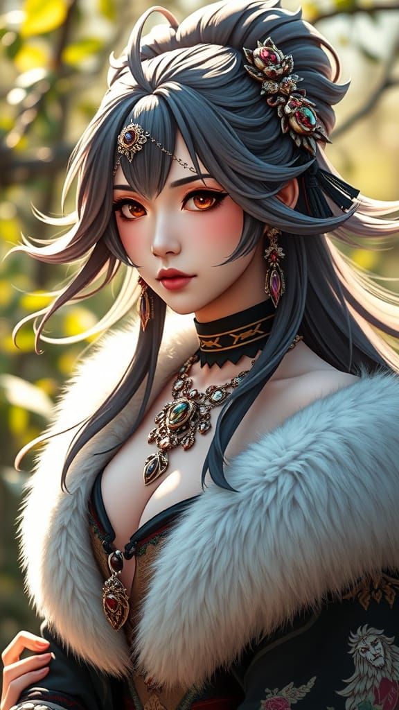 High-Fashion Model Portrait with Fur Jacket as 3D Anime