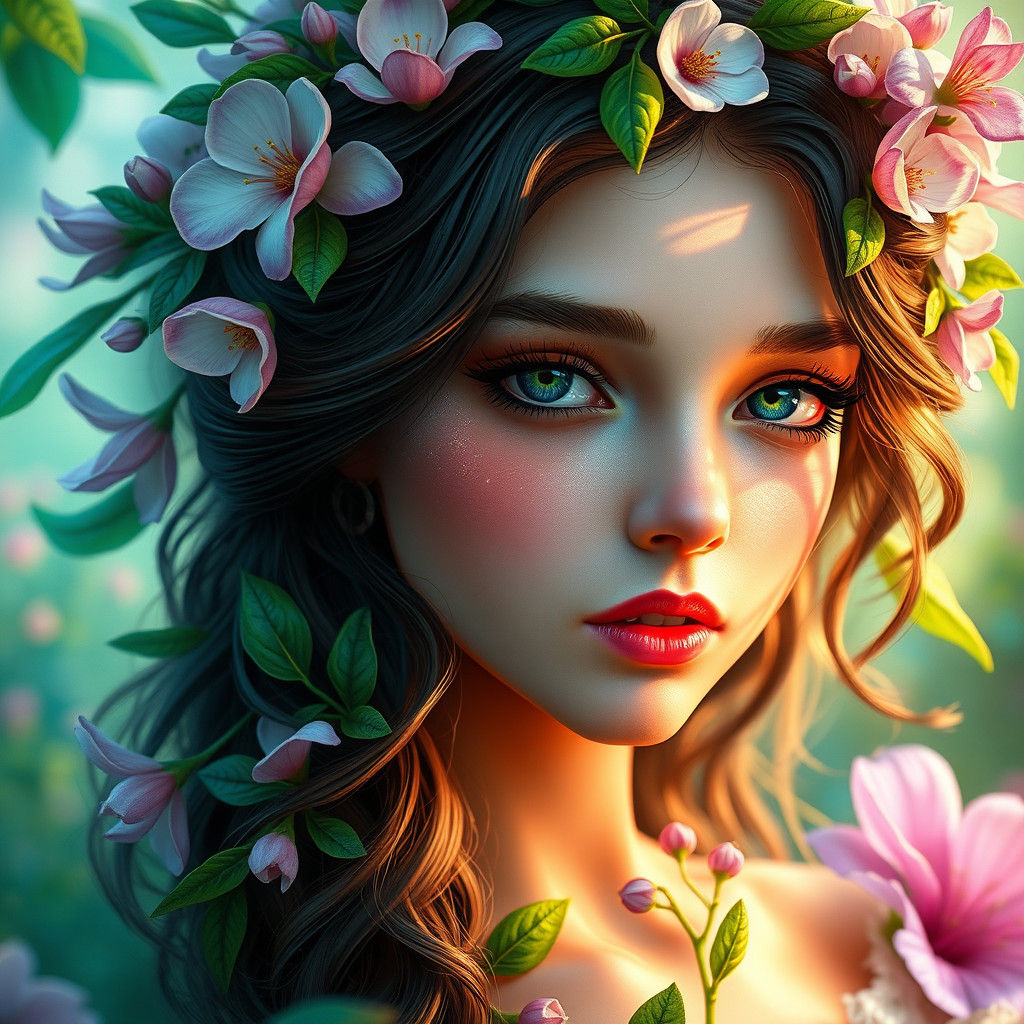 Ethereal Flower Girl Portrait in Art Nouveau Style