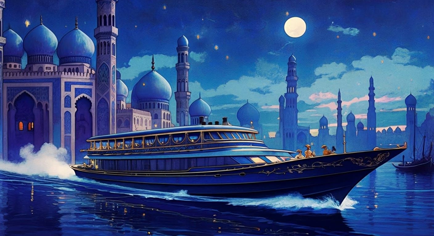 Cigarette Boat in Moonlit Harbor, Maxfield Parrish Style