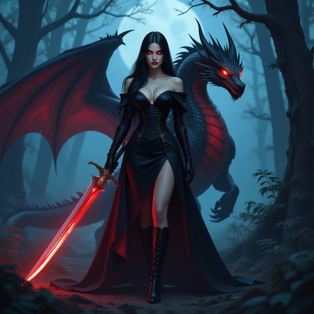 Vampire Warrior with Dragon in Moonlit Forest