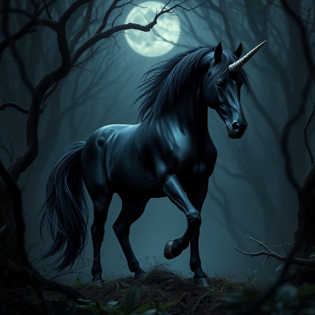 Majestic Dark Unicorn in Moonlit Forest