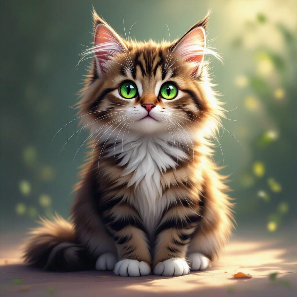 Cute Fluffy Tabby Cat with Green Eyes in Fantasy Style