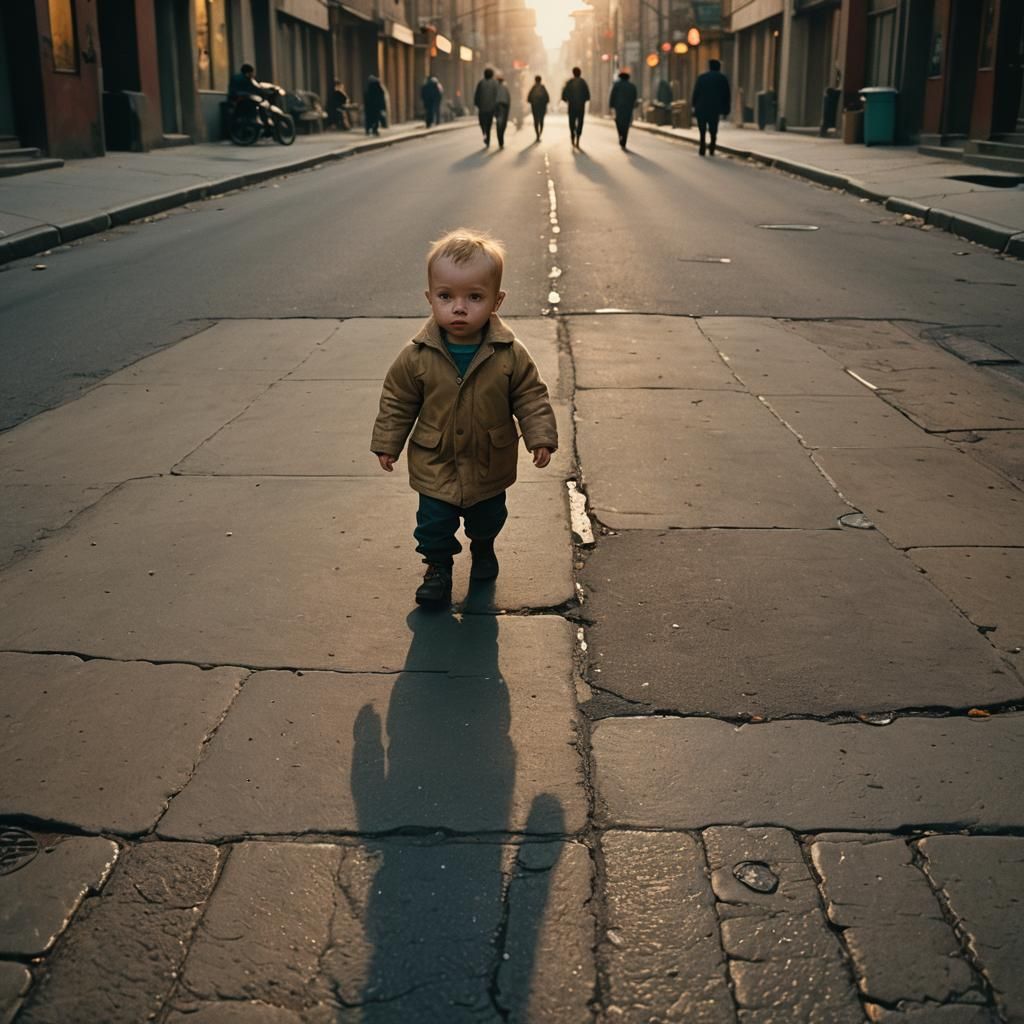 Babies Walking Down a Street in Cinematic Realism