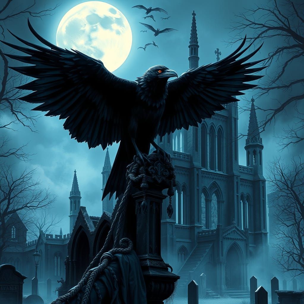 Spectral Raven Over Mist-Shrouded Gothic Graveyard