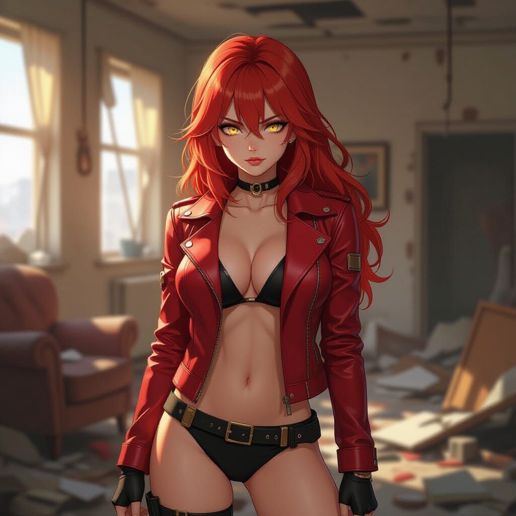 Anime Woman in Destroyed Room: Cinematic Vertical Shot