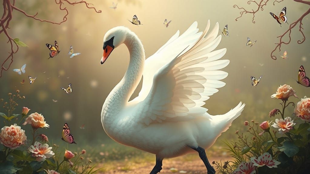 Ethereal Swan in Whimsical Garden, Surrounded by Iridescent ...