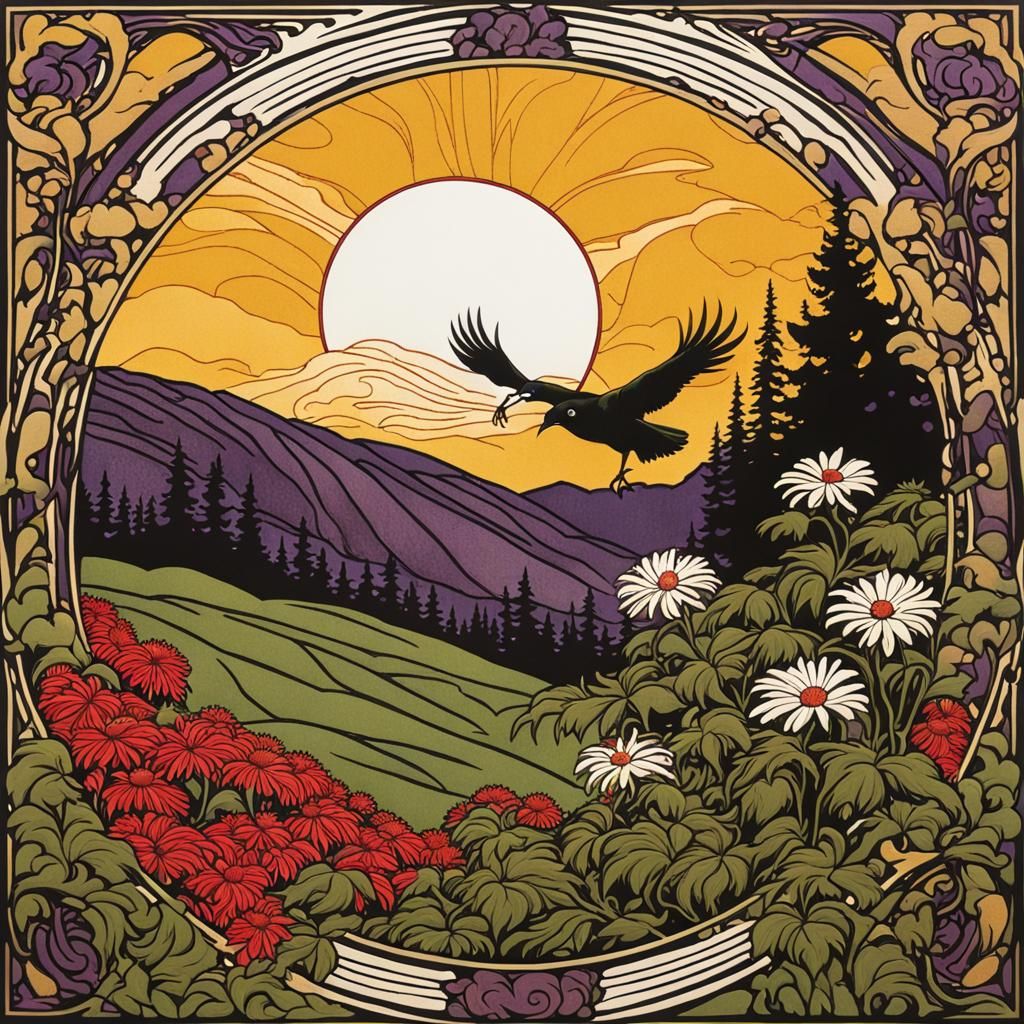 Art Nouveau Woodcut: Crow in Vermont Landscape