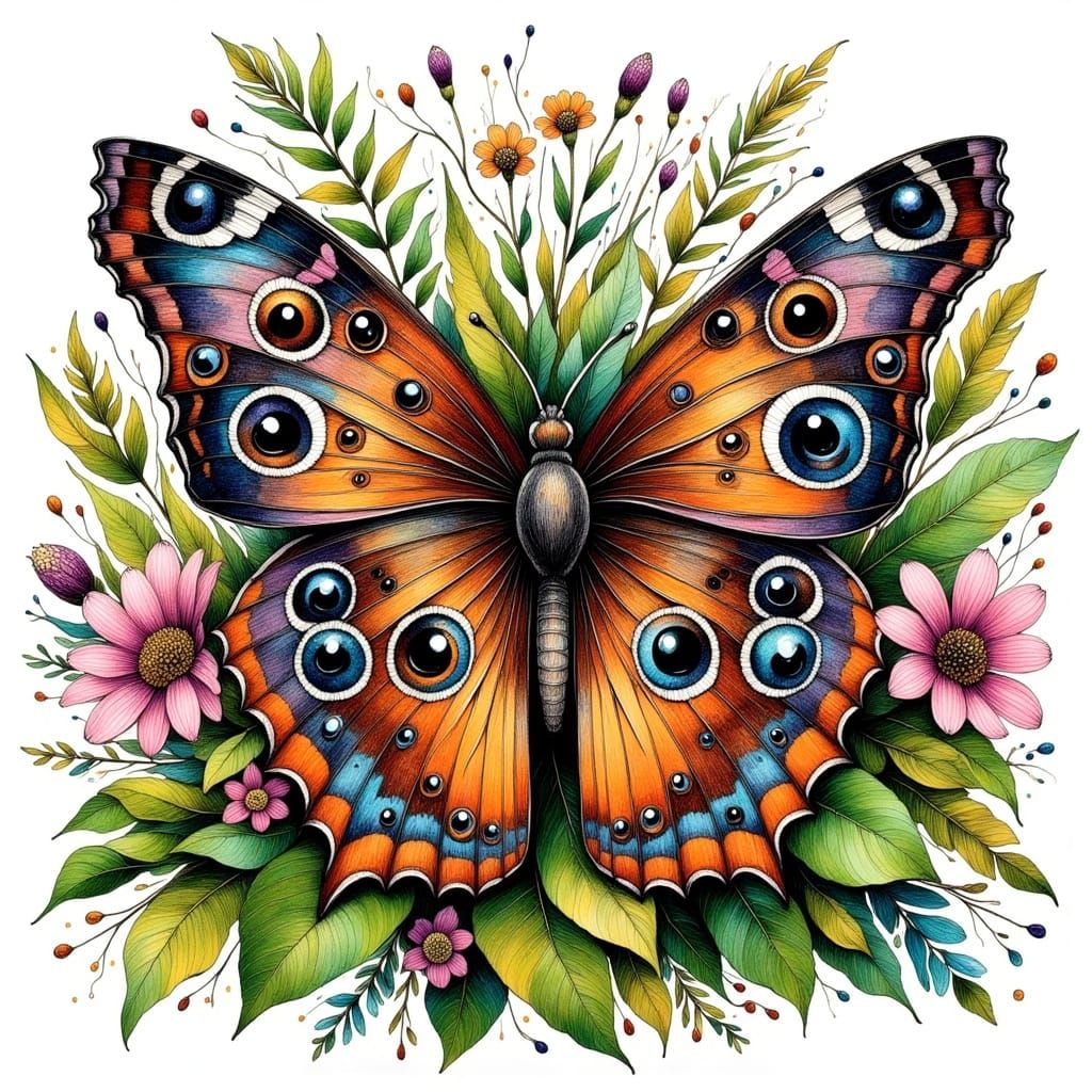 Whimsical Ink Butterfly in Vibrant Garden
