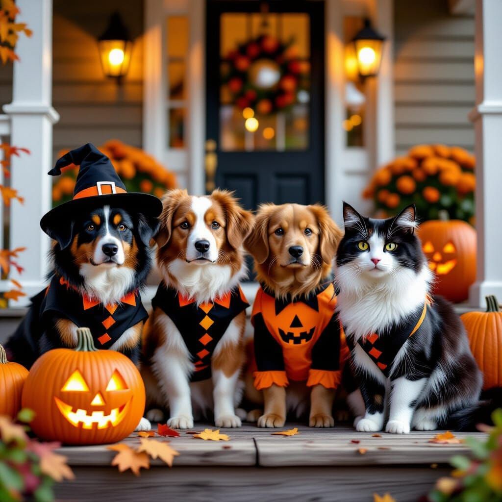 Pets in Halloween Costumes on Autumn Porch