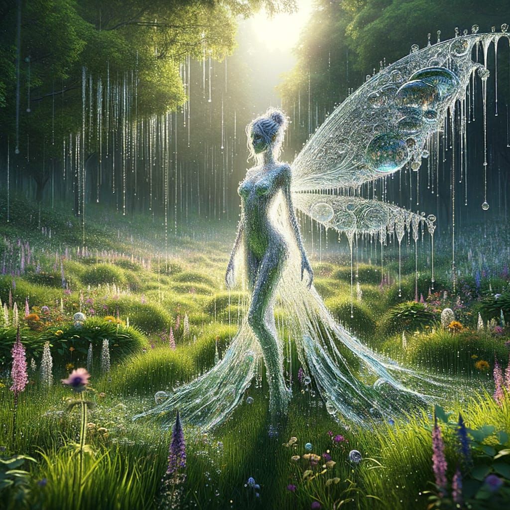 Ethereal Raindrop Fairy in a Vibrant Meadow