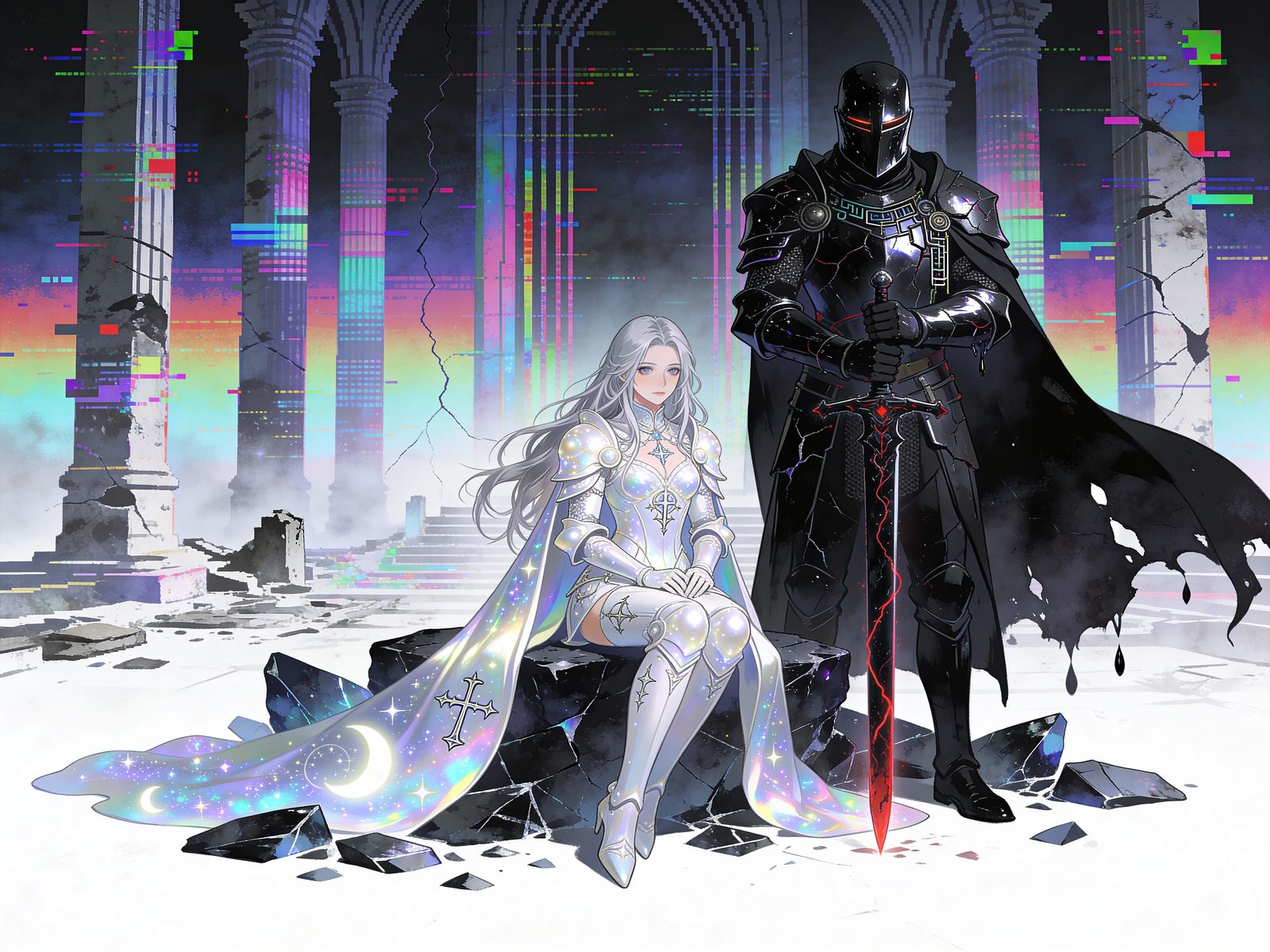 Cyber-Medieval Knights in Digital Wasteland