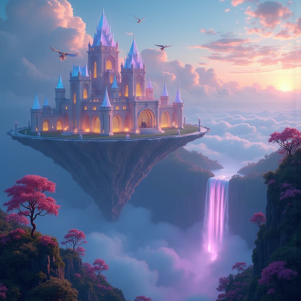 Glowing Metropolis Drifting in Iridescent Sky