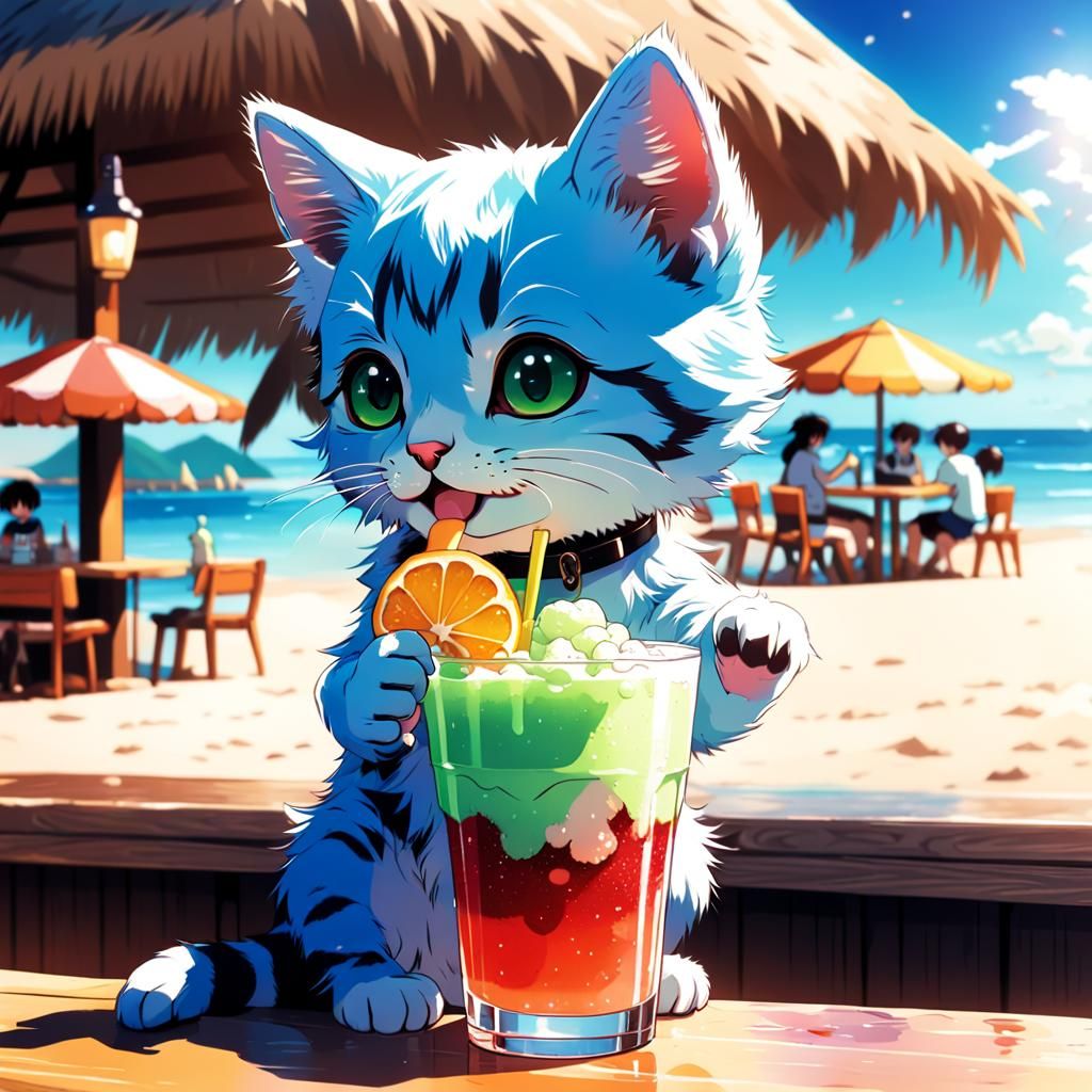 Kitten Drinks Granita at Beach Bar in Anime Style