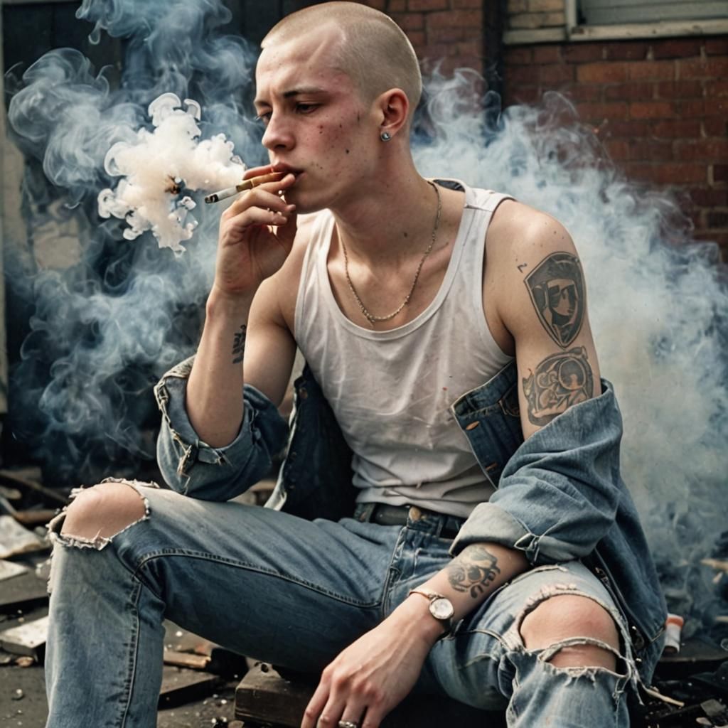 Punk Skinhead Smoker in Ripped Tank Top