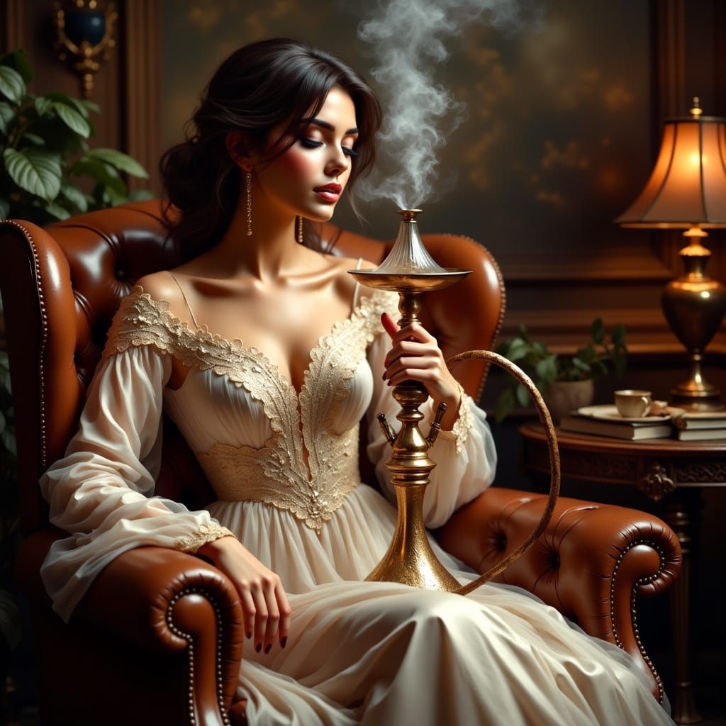 Elegant Woman Smoking Hookah in Golden Dress