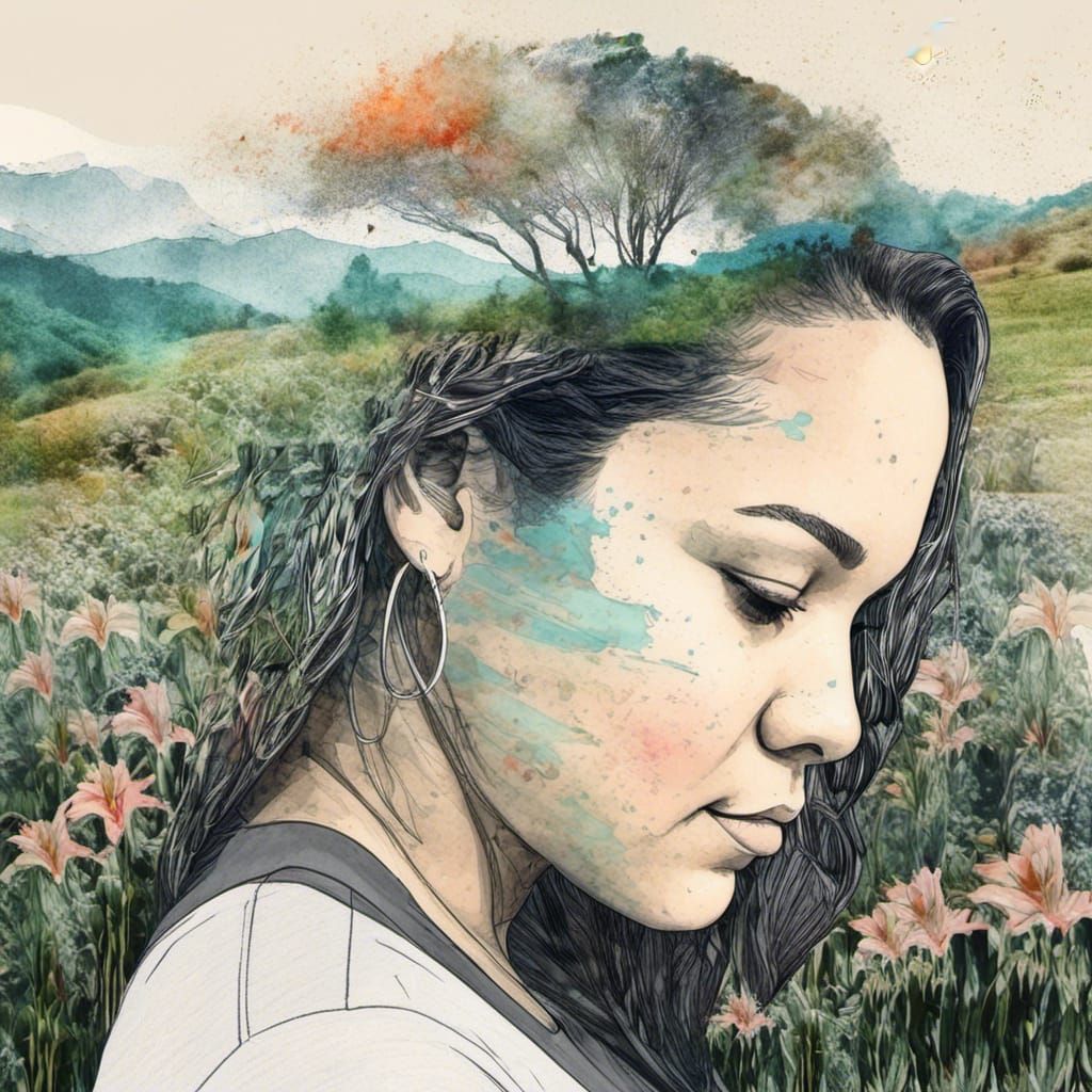 Double Exposure Portrait with Rolling Hills, Watercolour Art